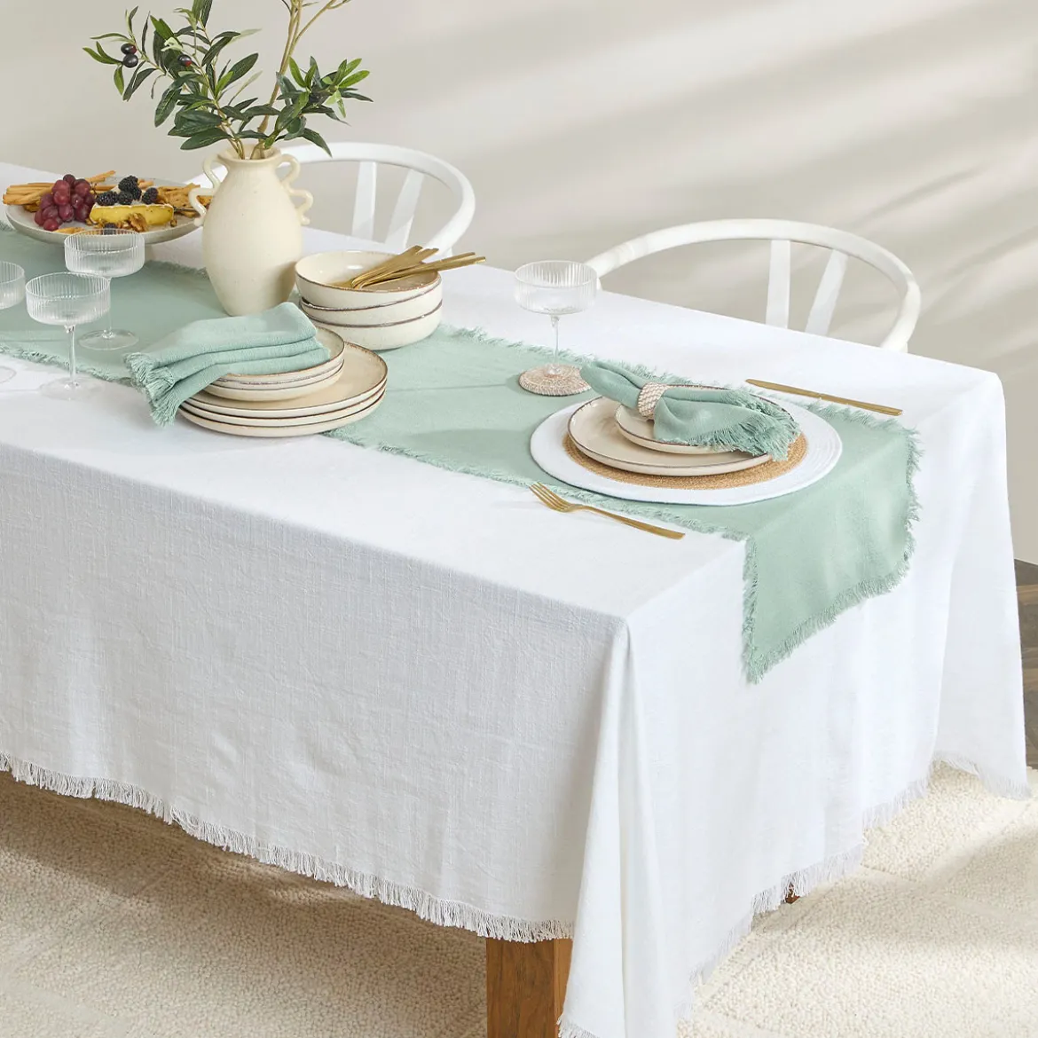 Ashra Jadeite Fringed Cotton Table Runner