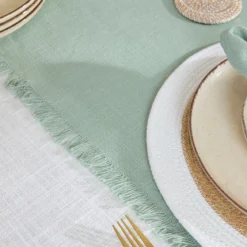 Ashra Jadeite Fringed Cotton Table Runner