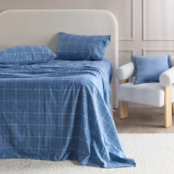 Blue Check Cotton Flannelette Sheet Set