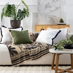 Chester White/Black Fringed Feather Cushion