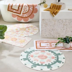 Floral Bloom Sage Green Round Bath Mat