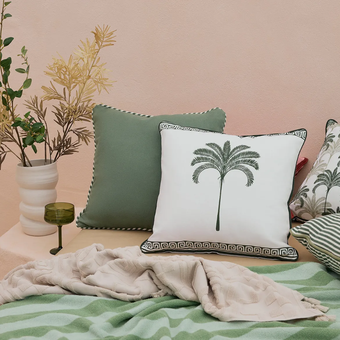 Halcyon Palm with Border Square Outdoor Cushion