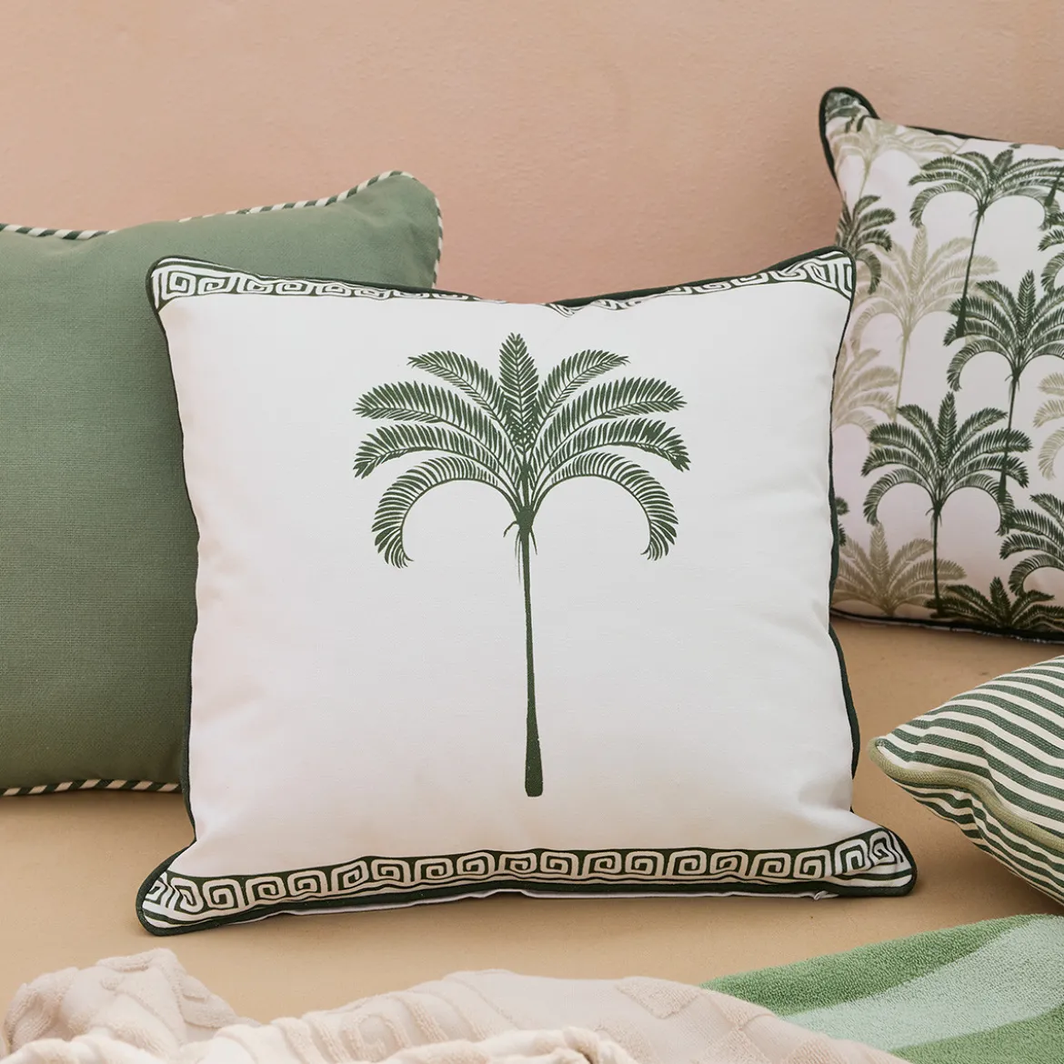 Halcyon Palm with Border Square Outdoor Cushion