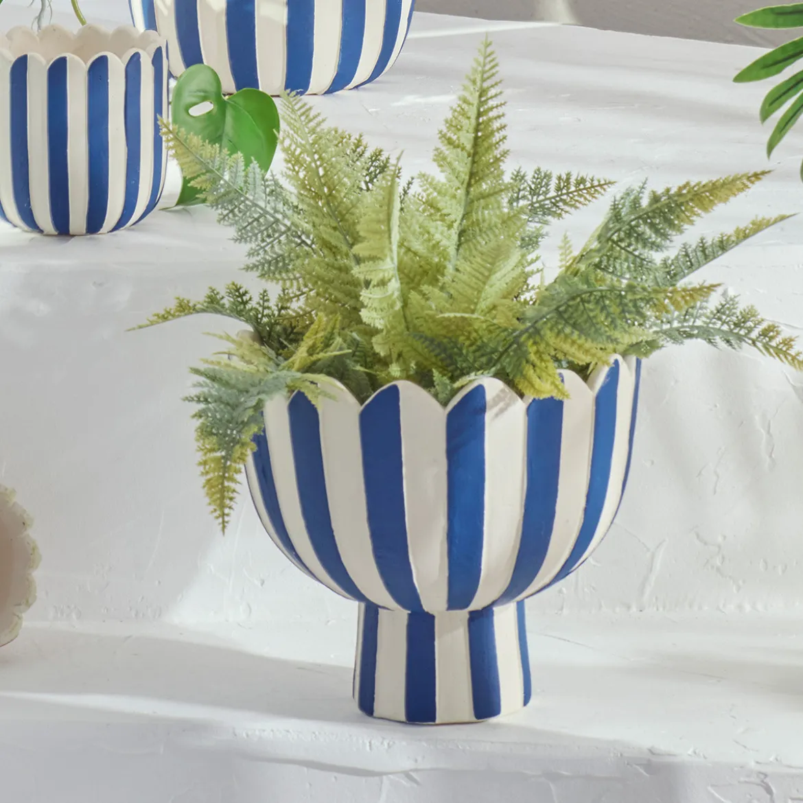 Lucy Dark Blue Stripe Footed Decorative Pot