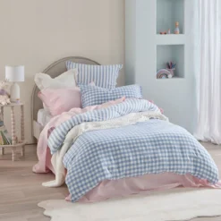Maisie Reversible Light Blue Check Quilt Cover Set