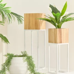 Manly Wooden Decorative Pot on White Metal Stand