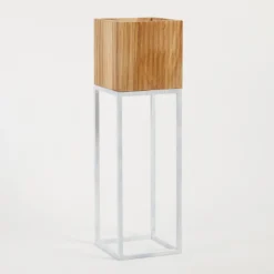 Manly Wooden Decorative Pot on White Metal Stand
