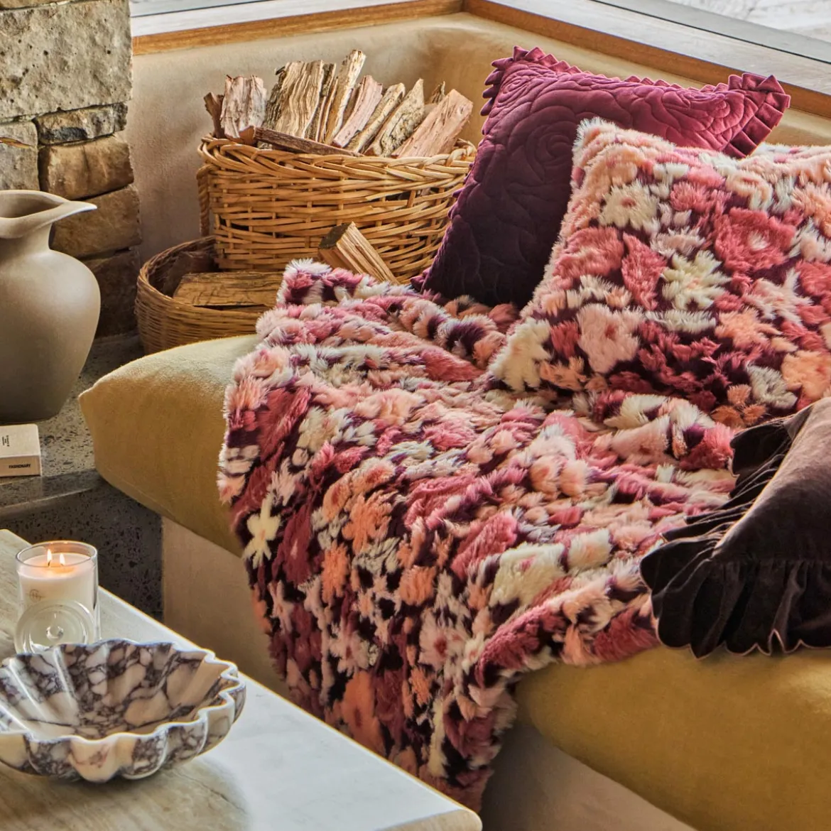 Mila Floral Faux Fur Jacquard Throw