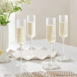Mila Ribbed Champagne Crystal Glass Flute Set of 4