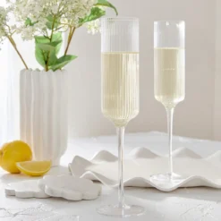 Mila Ribbed Champagne Crystal Glass Flute Set of 4