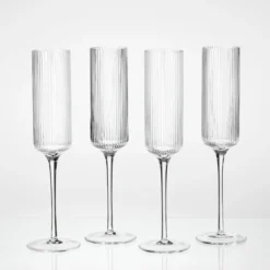 Mila Ribbed Champagne Crystal Glass Flute Set of 4
