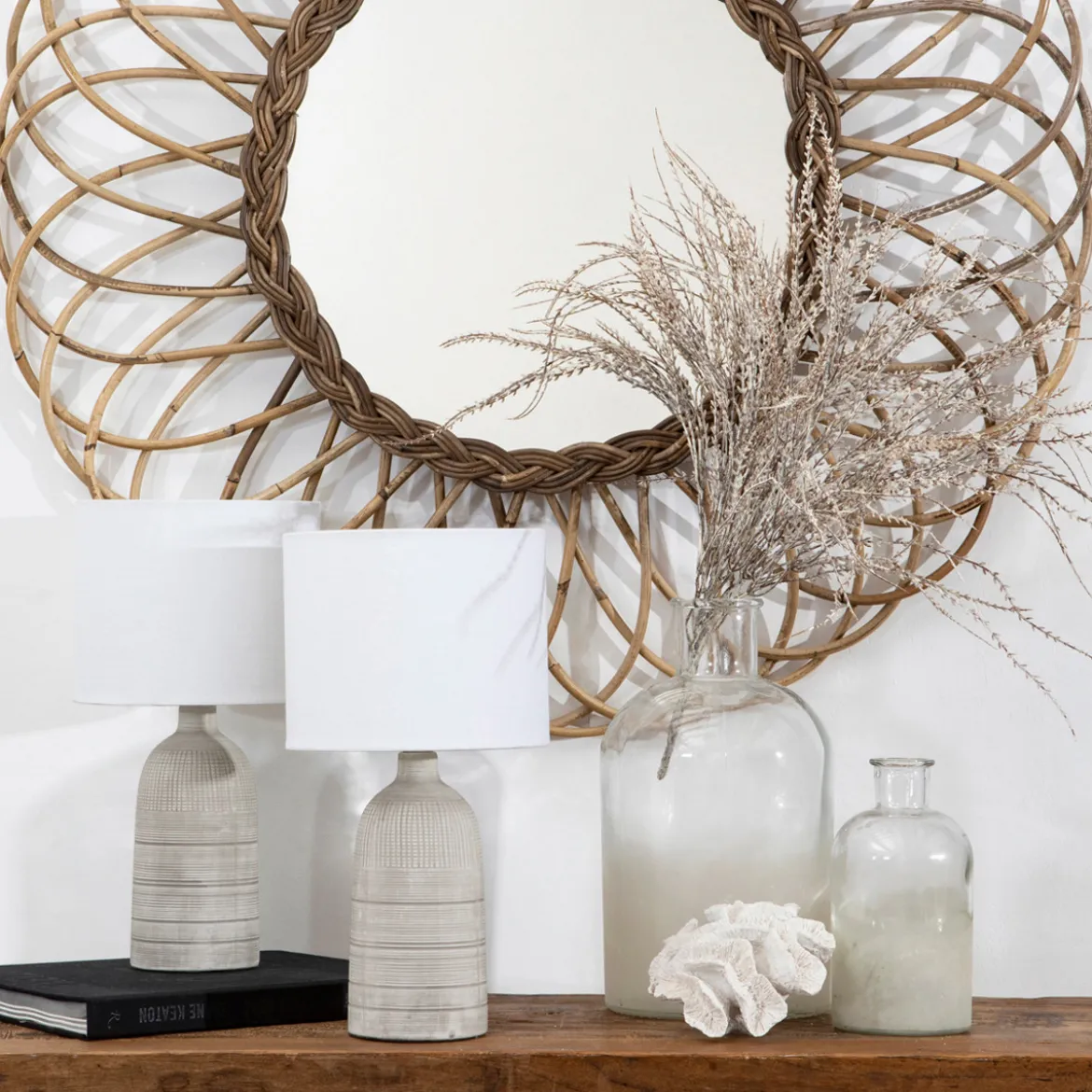 Mykonos 36cm Grey/Natural Table Lamp Set of 2