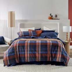 Navy Check Reversible Flannelette Quilt Cover Set