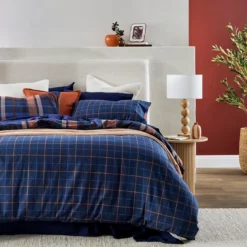 Navy Check Reversible Flannelette Quilt Cover Set