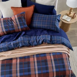 Navy Check Reversible Flannelette Quilt Cover Set