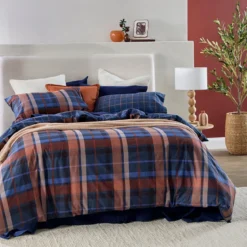 Navy Check Reversible Flannelette Quilt Cover Set