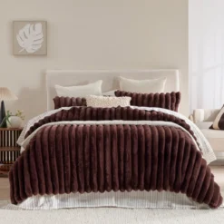 Oslo Chocolate Brown Faux Fur Ribbed Comforter Set