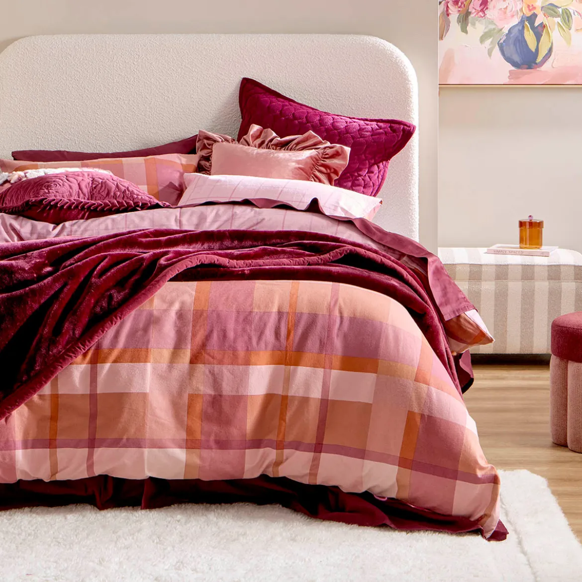 Pink Check Reversible Flannelette Quilt Cover Set