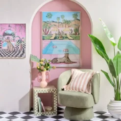Pink Leopards Lounging Framed Canvas Wall Art