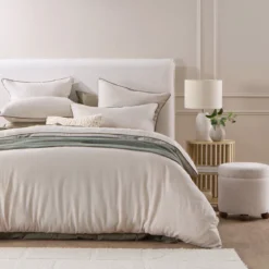 Piped Washed Linen Look Stone Quilt Cover Set