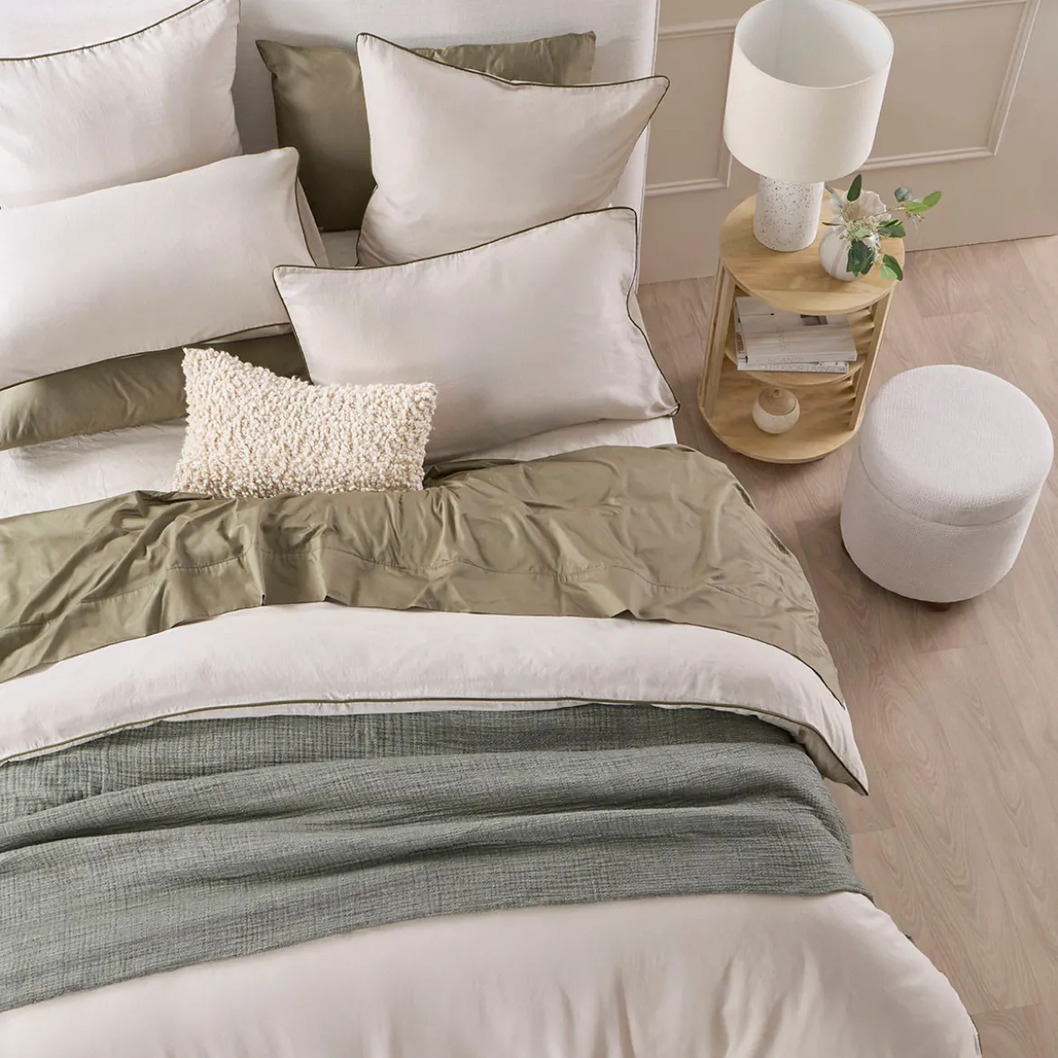 Piped Washed Linen Look Stone Quilt Cover Set