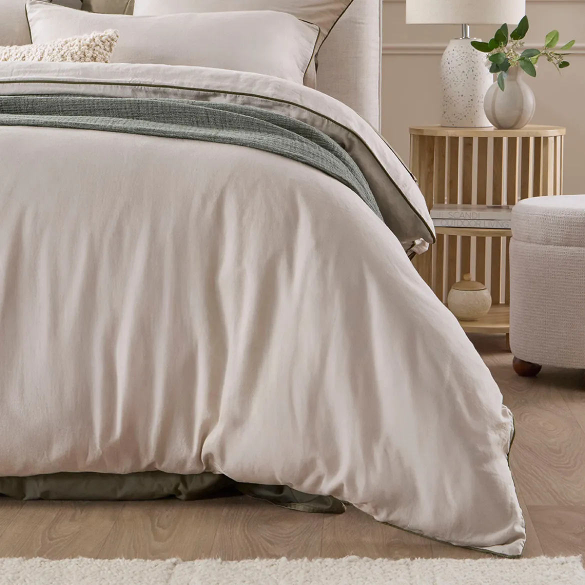 Piped Washed Linen Look Stone Quilt Cover Set