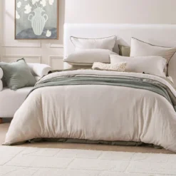 Piped Washed Linen Look Stone Quilt Cover Set