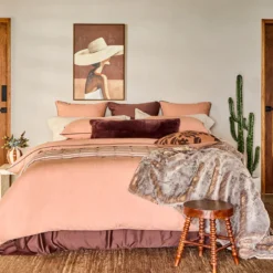 Piped Washed Linen Look Tan Quilt Cover Set