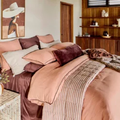 Piped Washed Linen Look Tan Quilt Cover Set
