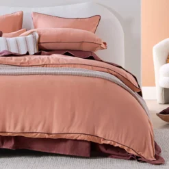Piped Washed Linen Look Tan Quilt Cover Set