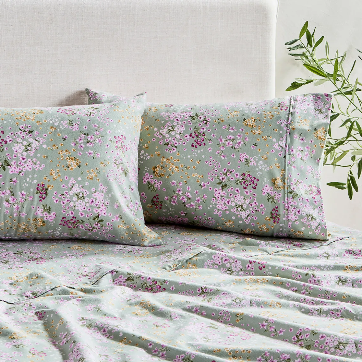 Sage Floral Cotton Flannelette Sheet Set