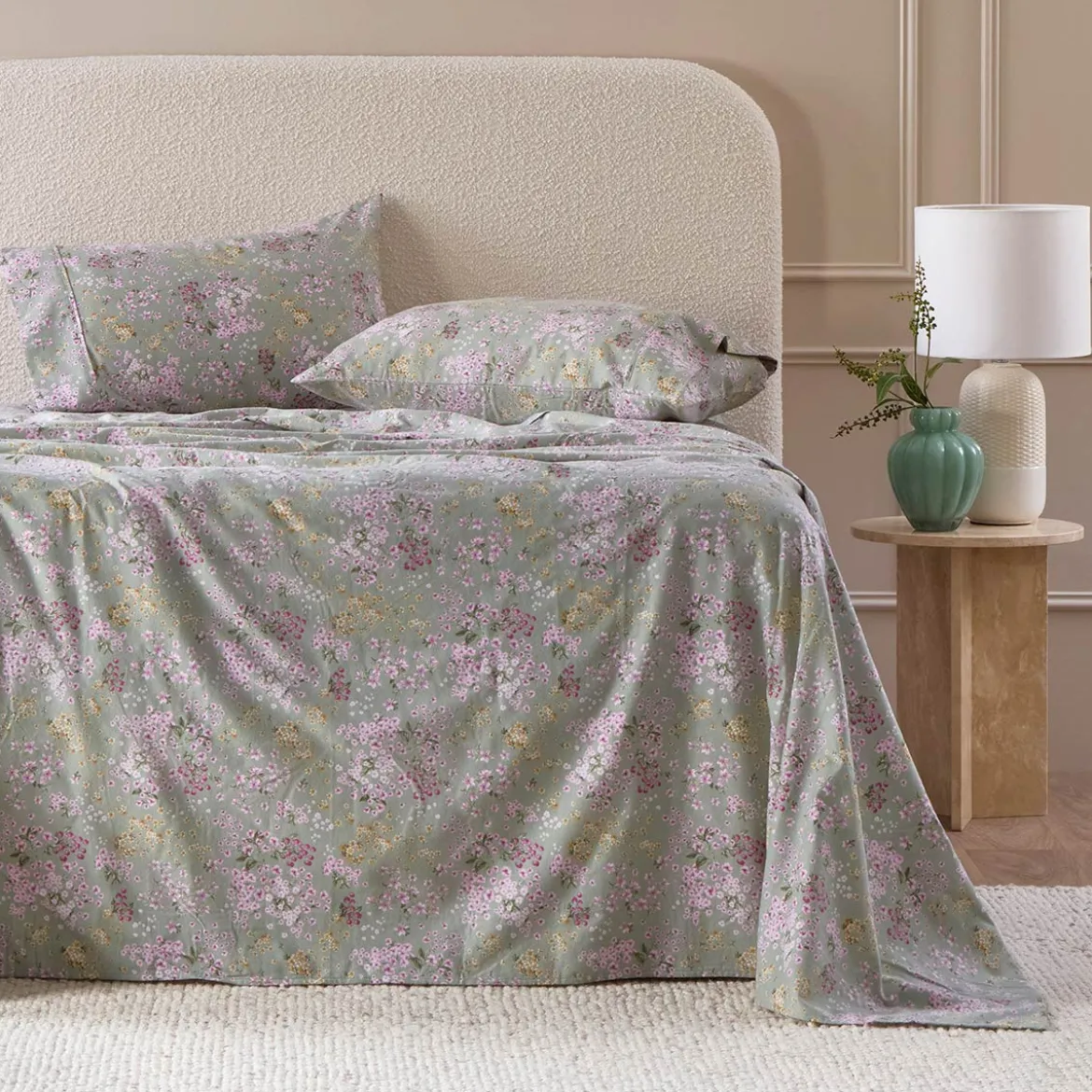 Sage Floral Cotton Flannelette Sheet Set
