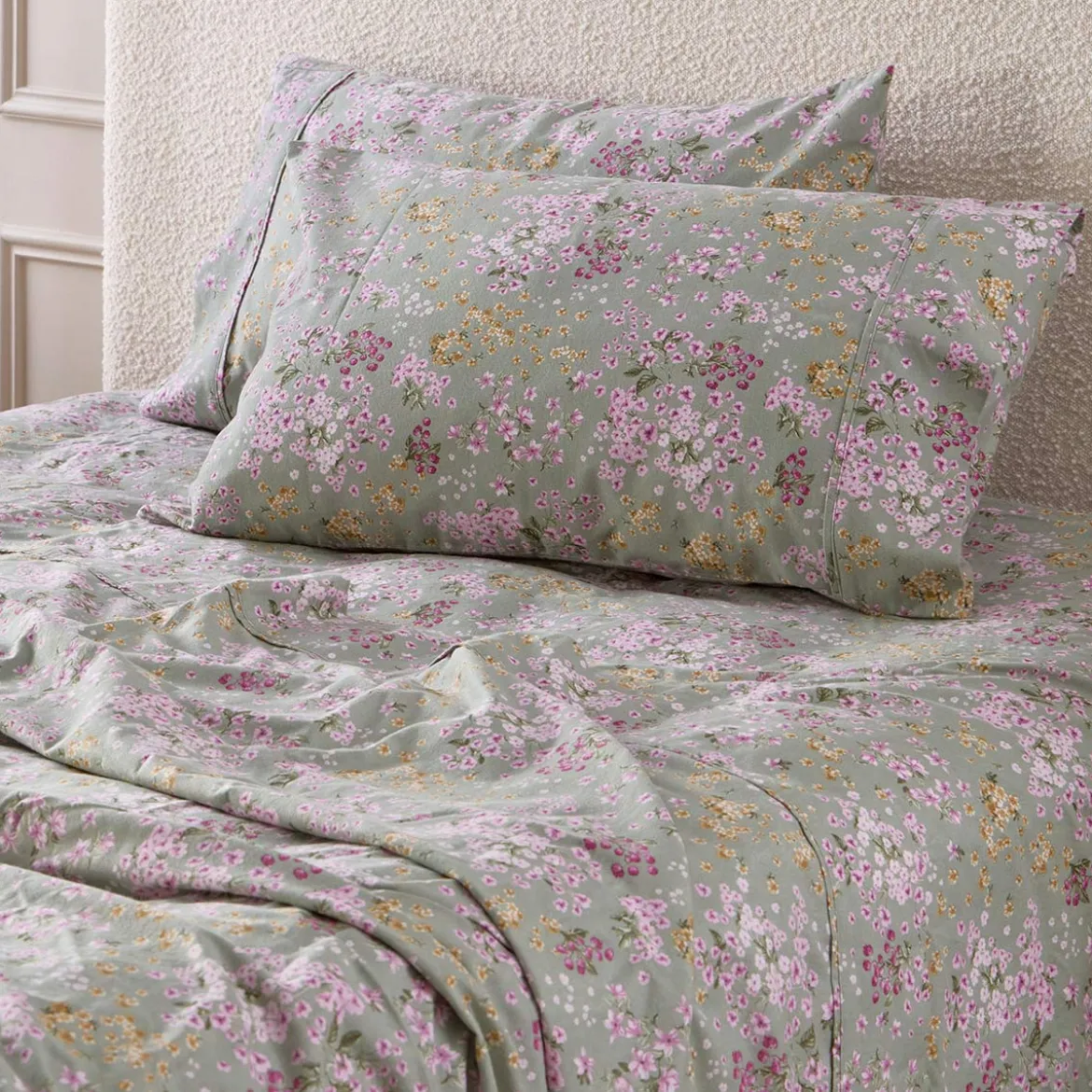 Sage Floral Cotton Flannelette Sheet Set