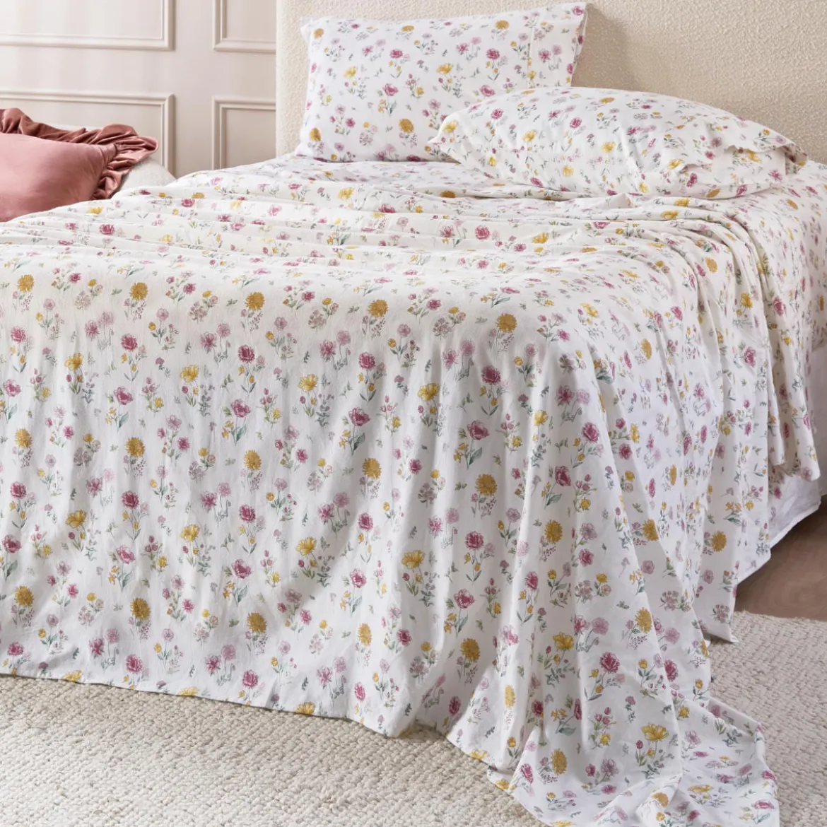 White Floral Cotton Flannelette Sheet Set